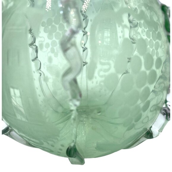 Vintage Green Glass Decanter With Etched Sailboat Design & Clear Swirls - Picture 6 of 11